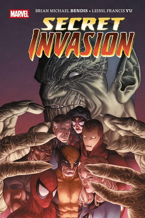„Secret Invasion“; riesiges grünes Gesicht mit großen Händen hält Spider-Man, Iron Man, Wolverine und andere Helden.