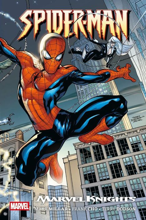 „SPIDER-MAN“ in großen Buchstaben, „MARVEL KNIGHTS“ darunter. Spider-Man schwingt durch eine Stadt, von Gebäuden umgeben.