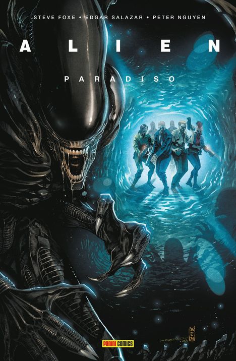 "ALIEN PARADISO" oben in weißen Buchstaben. Links bedrohlicher Alien mit geöffnetem Mund, rechts bewaffnete Gruppe im blauen Licht.