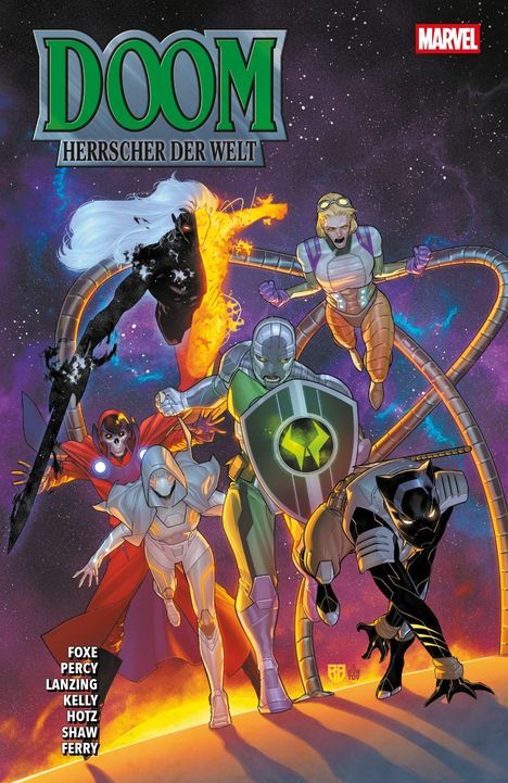 „DOOM HERRSCHER DER WELT“, Marvel-Logo. Helden in Rüstungen und Kostümen im Weltraum, dynamische Pose.