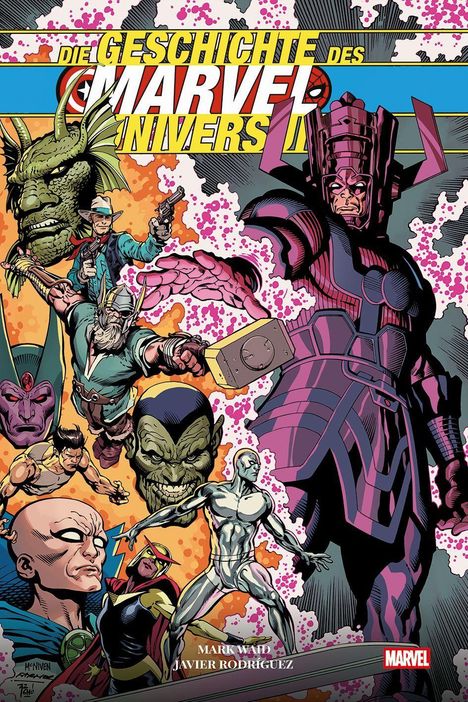 "Die Geschichte des Marvel Universums" in großen Buchstaben. Mehrere Superhelden umgeben von weltraumartiger Kulisse.