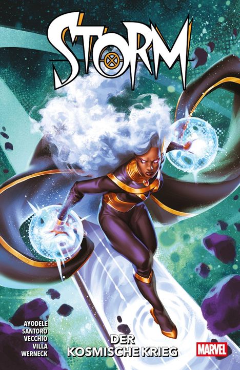Titel: "Storm: Der Kosmische Krieg". Comic-Stil, Frau mit weißen Haaren und leuchtenden Kräften im Weltraum.