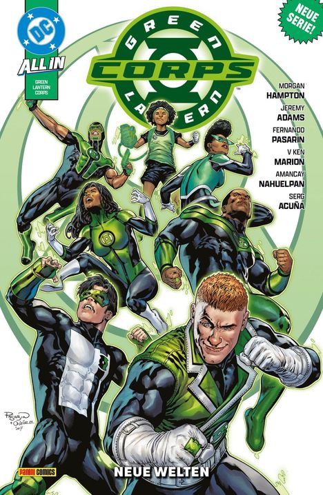 "Neue Serie" in grünem Stern. "Green Lantern Corps" Logo mit Helden in grünen Anzügen in Aktion, Titel: "Neue Welten".