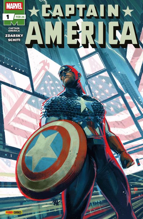 "Captain America #1. CAPTAIN AMERICA ZDARSKY SCHITI. Illustration eines Helden mit Schild vor einer urbanen Kulisse."