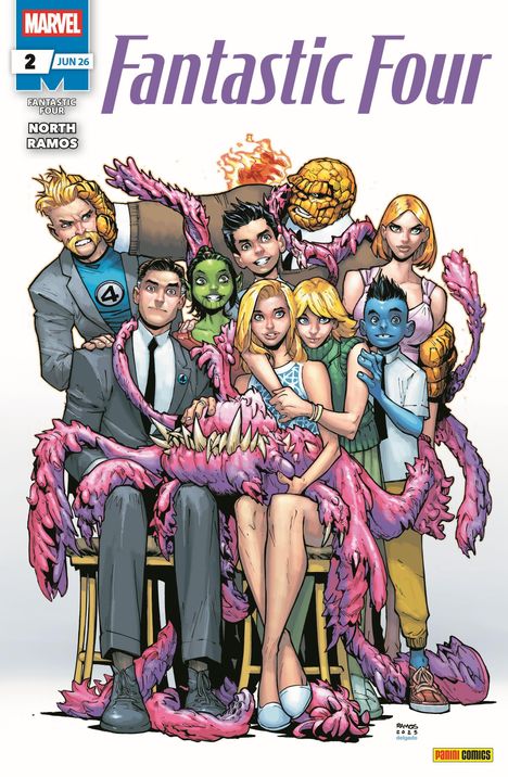 Titel: "Fantastic Four". Oben links: "MARVEL", "2", "JUN 26". Darunter eine Gruppe von Comicfiguren mit Tentakeln.