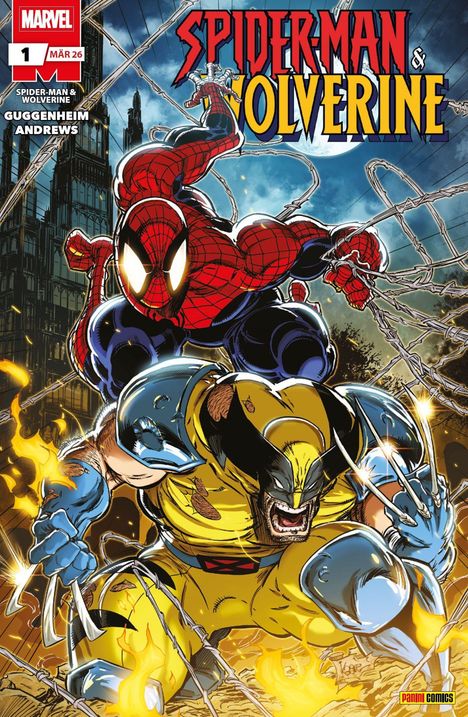 Illustration zweier Superhelden: "Spider-Man & Wolverine". Spider-Man schwingt über Wolverine, der Krallen zeigt.