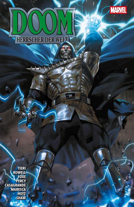 "Doom: Herrscher der Welt". Illustration eines gepanzerten Charakters, hebt energiereiche Hand, rote Augen, dramatisch inszeniert.