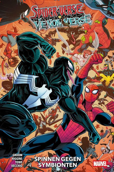 „Spider-Verse vs. Venomverse“, „Spinnen gegen Symbionten“. Comic-Helden kämpfen dynamisch in farbenfroher Illustration.