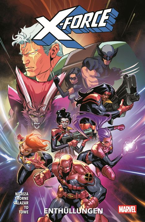 Text: "X-Force", "Enthüllungen", Namen der Autoren. Illustration von Superhelden in dynamischen Posen.