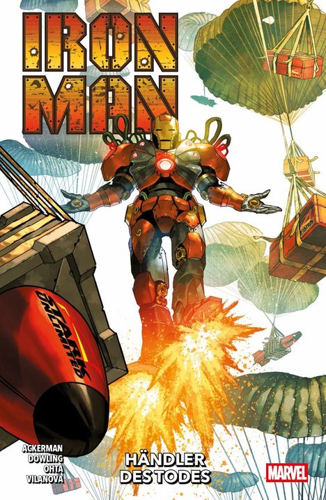 "Iron Man", "Händler des Todes". Comic-Illustration: Iron Man fliegt mit Feuerstrahl, umgeben von fallenden Kisten an Fallschirmen.