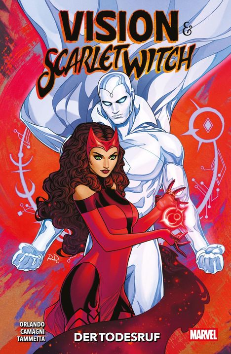 „VISION & SCARLET WITCH. DER TODESRUF." Comicszene: rote Frau und weißer Mann mit magischen Symbolen.