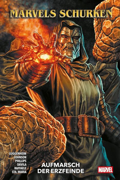"MARVELS SCHURKEN - AUFMARSCH DER ERZFEINDE" steht in goldenen und weißen Buchstaben. Eine gepanzerte Figur mit Feuerhand.
