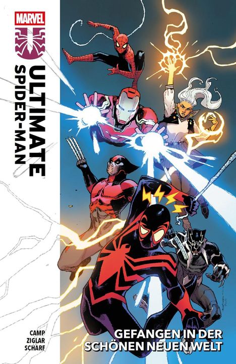 „ULTIMATE SPIDER-MAN“, „GEFANGEN IN DER SCHÖNEN NEUEN WELT“. Superhelden illustriert gemeinsam in Aktion.