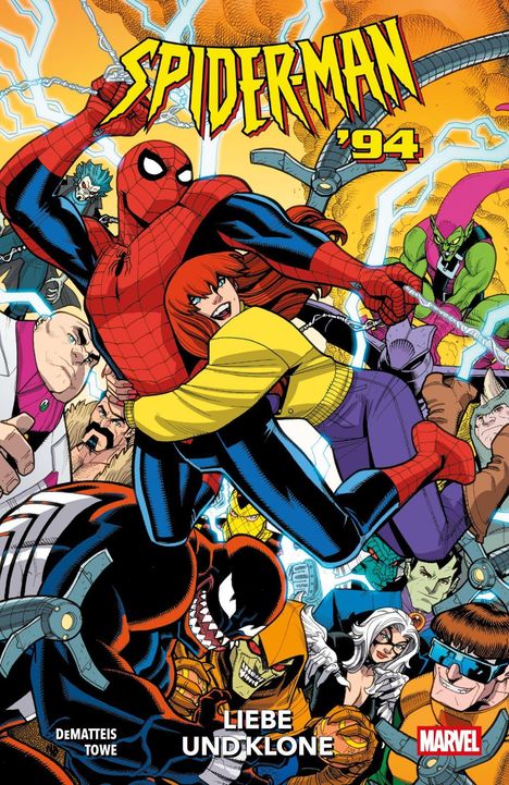 "Spider-Man '94", "LIEBE UND KLONE". Comic-Illustration mit Spider-Man, einer Frau und Gegnern in Aktion.