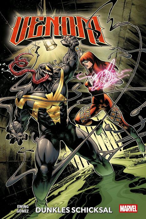 Text: "Venom", "Dunkles Schicksal", "Marvel". Illustration: Venom mit ausgestrecktem Zungen, neben einer Frau mit rot-leuchtender Hand.