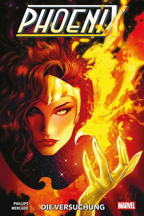 "PHOENIX", "DIE VERSUCHUNG". Illustration einer Frau mit rotem Haar, goldener Augenmaske und Flammen. Marvel Logo.