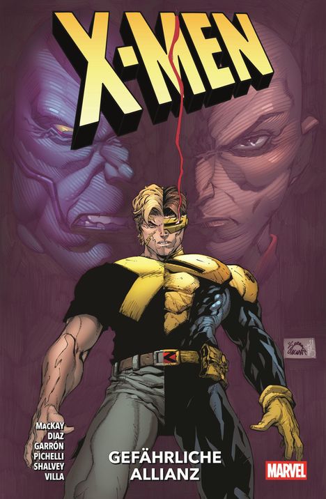 Text: "X-MEN", "GEFÄHRLICHE ALLIANZ". Illustration: Figur in gelb-schwarzem Anzug, zwei Gesichter im Hintergrund. Marvel-Logo.