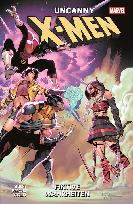 Oben steht "Uncanny X-Men", unten "Fiktive Wahrheiten." Superhelden in dynamischen Posen, farbenfroher Hintergrund.