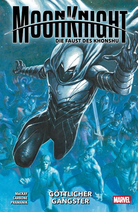 "MOON KNIGHT: DIE FAUST DES KHONSHU" und "GÖTTLICHER GANGSTER" stehen in großen Lettern auf einer dynamischen Illustration.