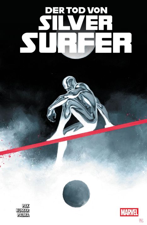 Der Text lautet: "Der Tod von Silver Surfer". Eine silberne Figur sitzt nachdenklich auf einer roten Linie im Weltraum.