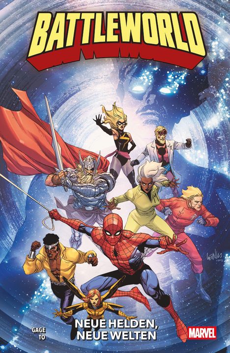 „BATTLEWORLD“, „NEUE HELDEN, NEUE WELTEN“. Superhelden in dynamischen Posen vor einem kosmischen Hintergrund.