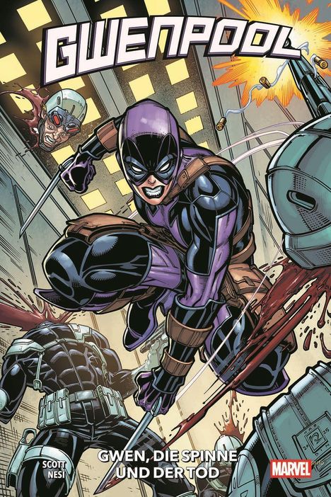 „Gwenpool“ oben, „Gwen, die Spinne und der Tod“ unten. Comic-Illustration von kämpfender Person in violettem Anzug.
