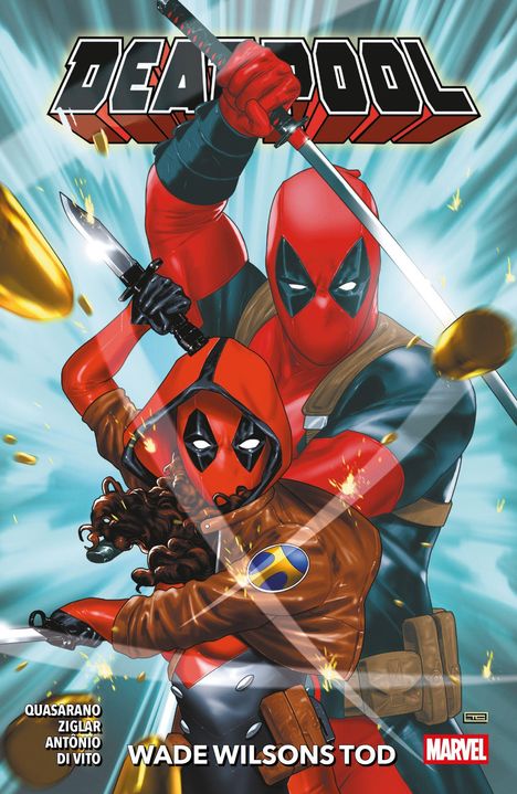 Text: "DEADPOOL", "WADE WILSONS TOD". Eine dynamische Szene mit zwei Figuren in roten Kostümen, umgeben von Kugeln.