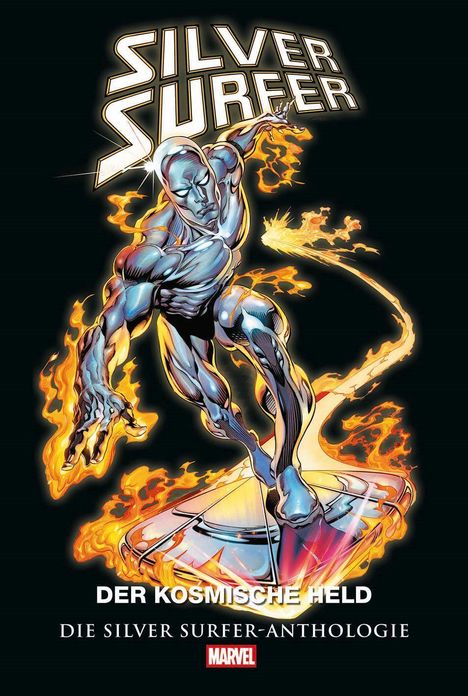 "Silver Surfer: Der kosmische Held, die Silver Surfer-Anthologie." Illustration eines silbernen Wesens auf einem Surfboard.