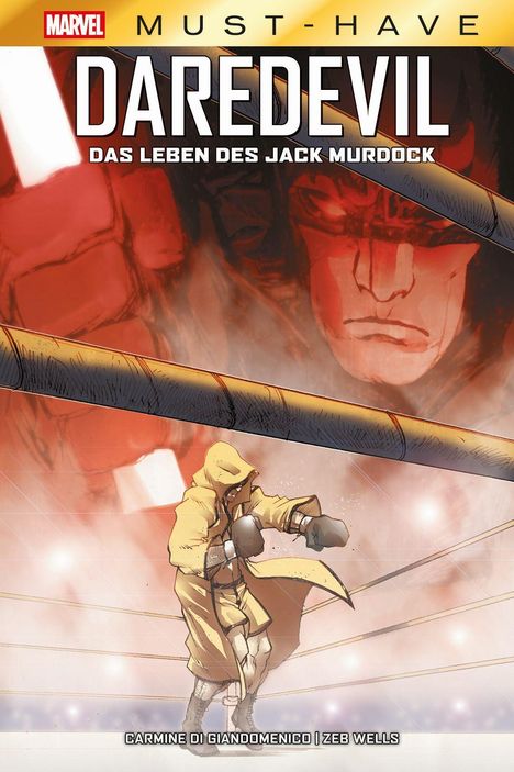 "Daredevil: Das Leben des Jack Murdock" oben, Boxer im Ring, großes Gesicht im Hintergrund. Zeichenstil einer Comic-Illustration.