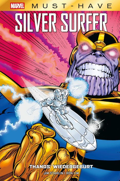 "Silver Surfer: Thanos’ Wiedergeburt" - Ein Superheld auf einem Brett, Thanos mit leuchtenden Augen im Hintergrund.