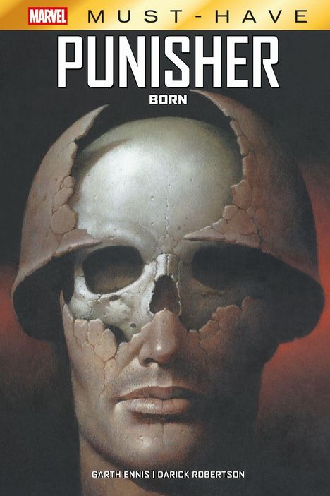 Oben steht "Marvel Must-Have". Darunter "Punisher: Born". Ein Gesicht, halb Mensch, halb Schädel, mit Helm.