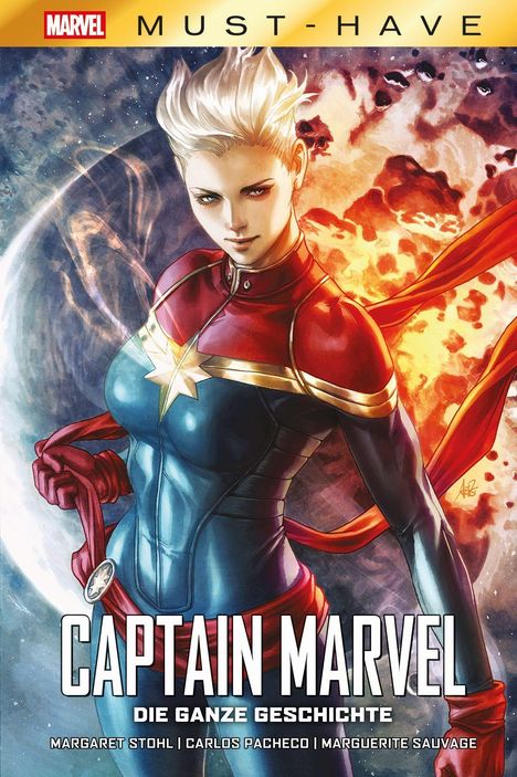 "Must-Have," "Captain Marvel: Die ganze Geschichte." Illustration von Captain Marvel in dynamischer Pose vor Weltraumkulisse.