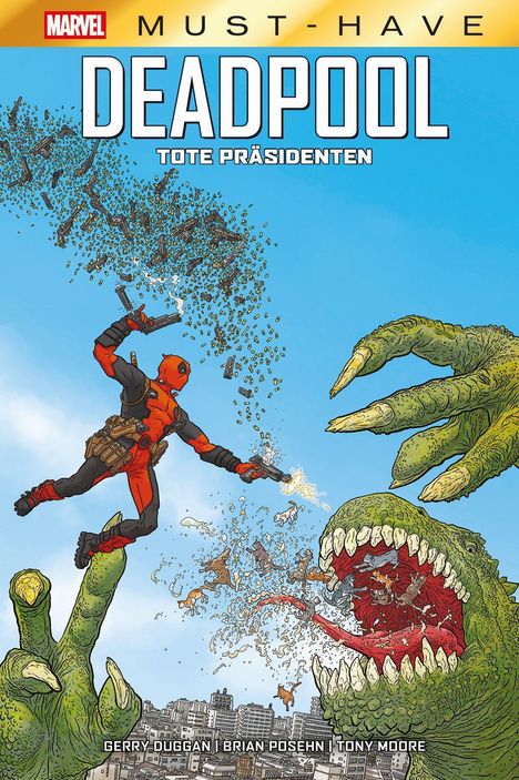 "DEADPOOL: TOTE PRÄSIDENTEN" steht oben. Ein Superheld in Rot bekämpft ein riesiges Monster über einer Stadt.