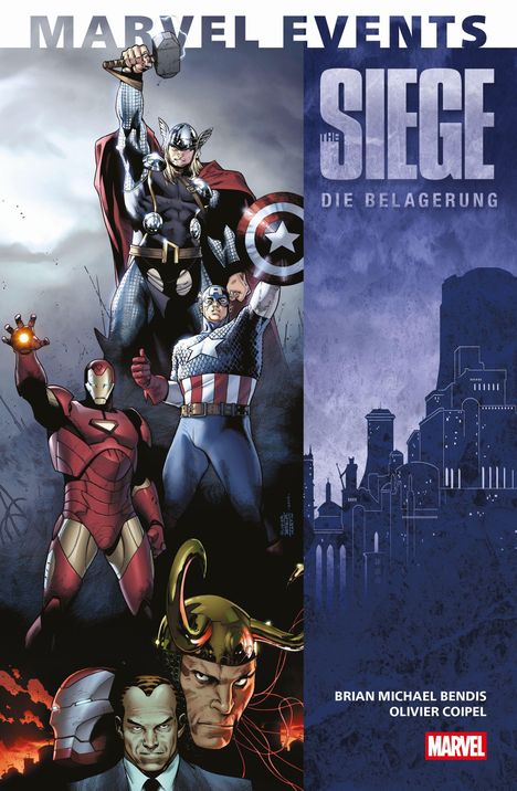 "MARVEL EVENTS", "THE SIEGE DIE BELAGERUNG", Helden in Aktionpose: Thor, Captain America, Iron Man, Gebäude-Silhouette.