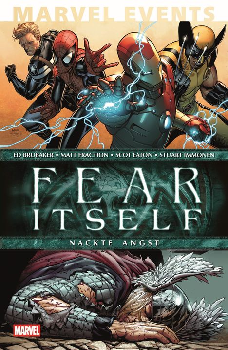 In der Illustration steht "MARVEL EVENTS", "EAR ITSELF", "NACKTE ANGST". Helden in Aktion, unten ein erschöpfter Krieger.