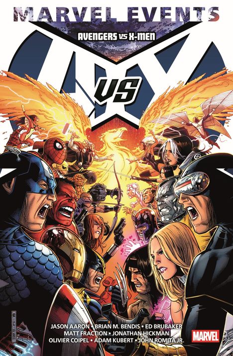 "MARVEL EVENTS: AVENGERS vs X-MEN VS" zeigt Superhelden, die sich gegenüberstehen, umgeben von Flammen und Energie.