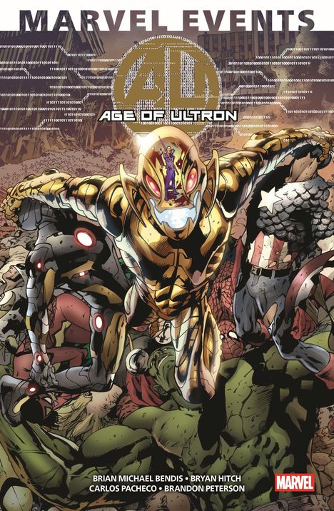 "Marvel Events: Age of Ultron" zeigt einen riesigen, bedrohlichen Roboter über besiegten Helden in einer zerstörten Stadt.