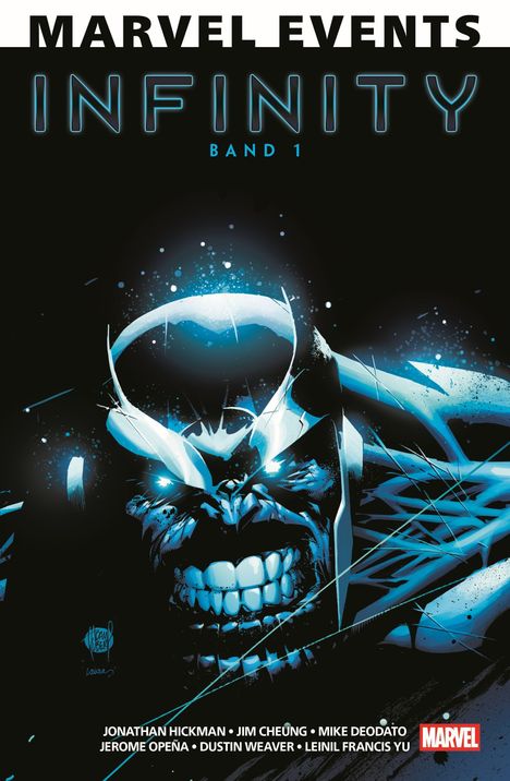 Text: "MARVEL EVENTS INFINITY BAND 1". Darunter eine Illustration eines finster dreinblickenden Gesichts, blau-schwarz Töne.