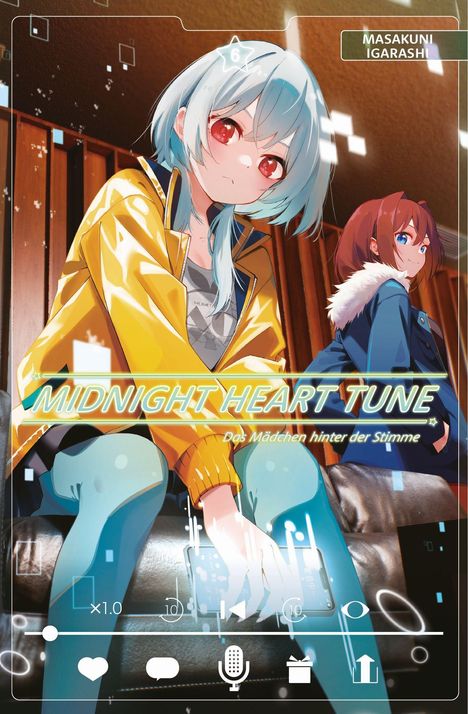 „MIDNIGHT HEART TUNE: Das Mädchen hinter der Stimme“ zeigt zwei Anime-Figuren, eine mit blauen Haaren in gelber Jacke.