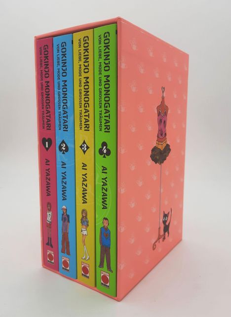 „Gokinjo Monogatari“ steht auf den Buchrücken in verschiedenen Farben. Künstliche Charaktere sind auch sichtbar.