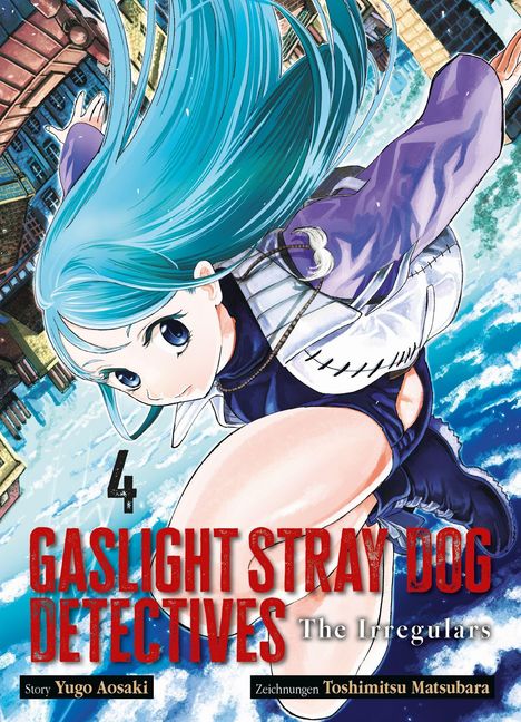 "Gaslight Stray Dog Detectives 4". Illustration einer Figur mit blauem Haar und lila Kleidung, schwebend über einer Stadt.