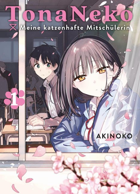 Titel: "TonaNeko: Meine katzenhafte Mitschülerin" auf Manga-Cover mit Schulumgebung und Kirschblüten.