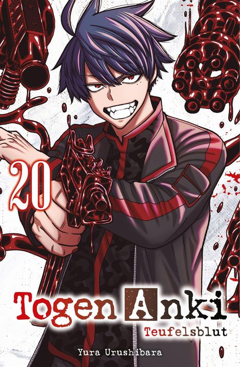"Manga-Illustration: Ein grinsender Junge mit Waffe, rote Akzente. Texte: '20', 'Togen Anki', 'Teufelsblut', 'Yura Urushibara'."