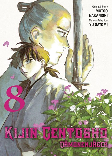 "Kijin Gentosho: Dämonenjäger." Zwei ernste Figuren, eine mit Schwert, umgeben von Blumen, Nummer 8 prominent.