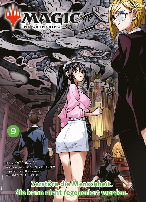 „Zerstöre die Menschheit. Sie kann nicht regeneriert werden.“ Manga-Stil: Junge Frau mit rosa Oberteil in Tempelumgebung.