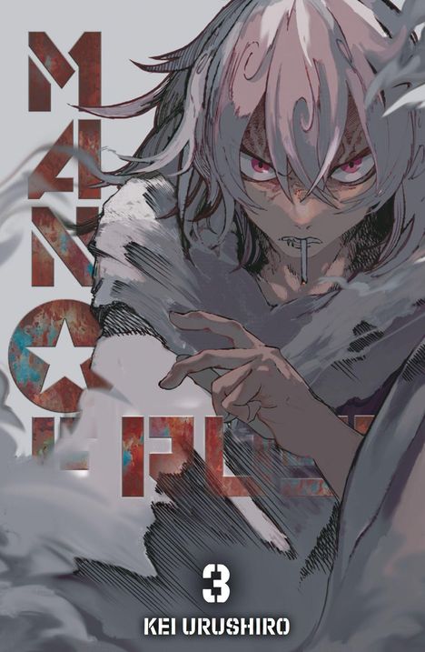 "Manga Plus", "3", "Kei Urushiro". Illustration: Person mit hellem Haar, ernster Blick, Zigarette im Mund, dynamische Pose.