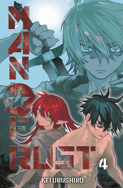 "MANEULUST" und "KEI URUSHIRO" in stilisierter Schrift; Anime-Illustration mit drei Charakteren, darunter ein Junge mit Schwert.