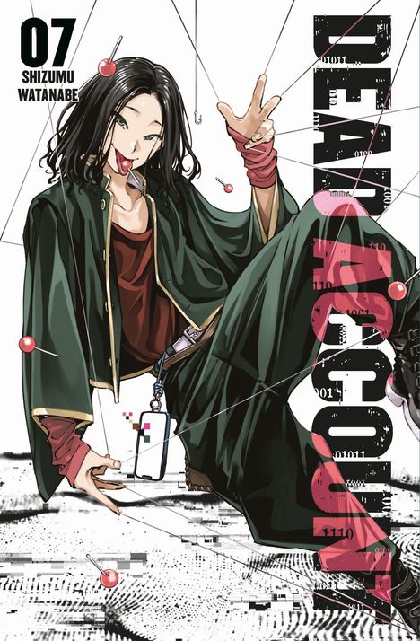 „07 SHIZUMU WATANABE“ und „DEAD ACCOUNT“. Illustration einer Person mit Lutscher und langen Haaren in grüner Kleidung.