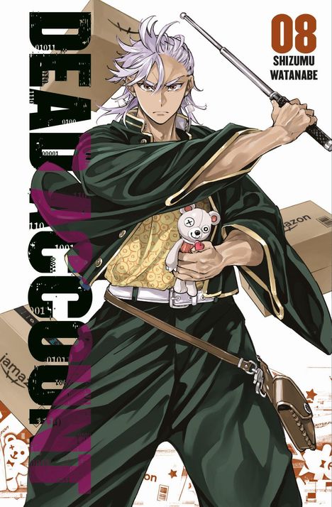 "DEAD ACCOUNT 08 SHIZUMU WATANABE" ist in schwarzer und orangefarbener Schrift zu sehen. Eine Manga-Figur hält ein Stofftier.