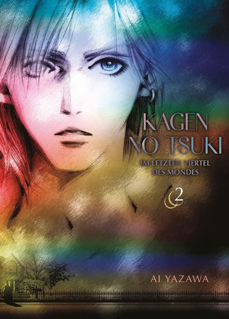 „KAGEN NO TSUKI: IM LETZTEN VIERTEL DES MONDES, 2“ steht auf einem farbenfrohen, melancholischen Porträt eines Gesichts.